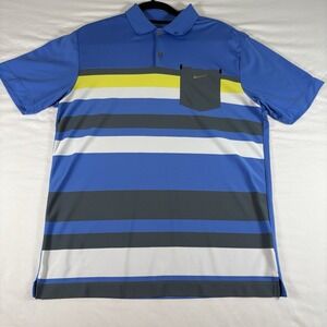 Nike Golf Shirt Mens Medium Blue Striped Tour Performance Dri Fit Athletic Polo